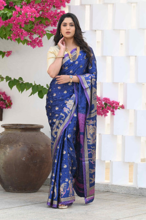 Blue color soft jacquard silk saree with foil printed work