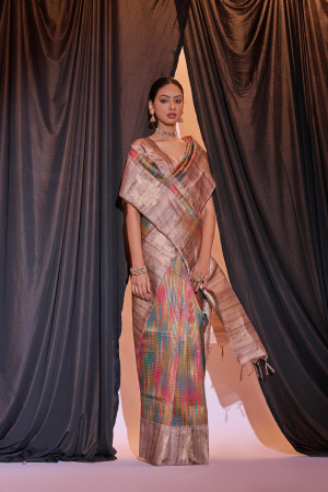 Pink color tussar silk saree with zari weaving work