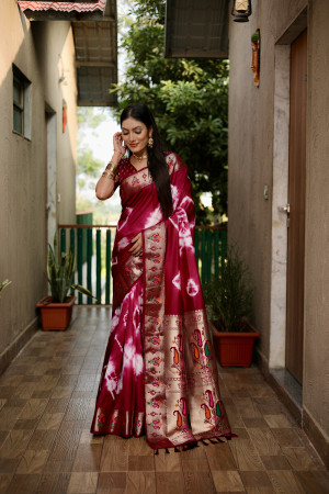 Magenta color soft dola silk saree with sibori print & zari weaving work