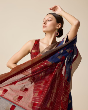 Navy blue color cotton silk saree with weaving work