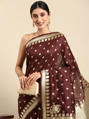 Maroon color banarasi cotton silk saree with floral woven motifs