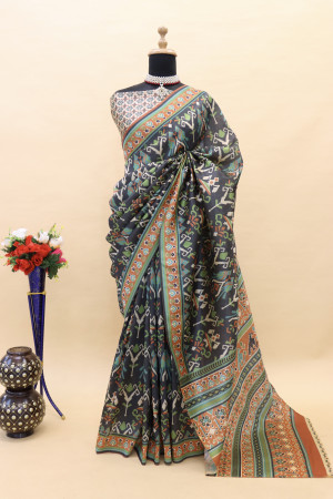 Gray color cotton silk saree with digital printed work