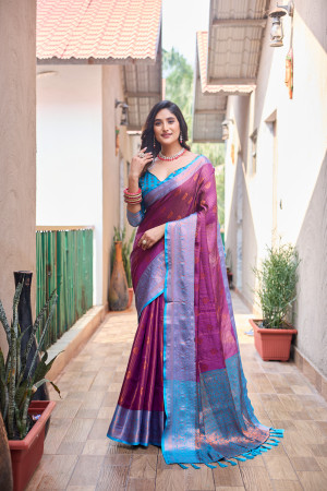 Magenta color kanjivaram silk saree with woven design
