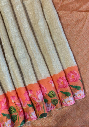 Orange color soft silk saree with pichwai printed work
