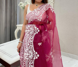 Maroon color organza silk saree with embroidery work