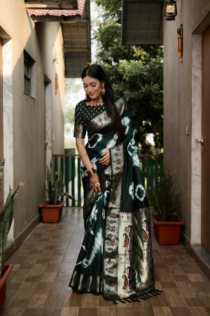 Green color soft dola silk saree with shibori print & zari weaving work