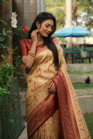 Cream color kanjivaram silk saree with zari weaving work