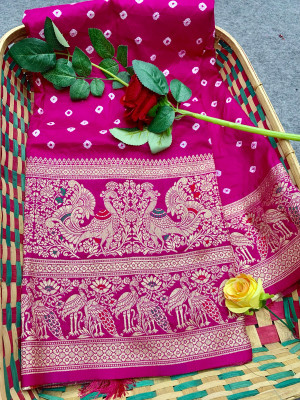 Pink color bandhej silk saree with meenakari weaving work
