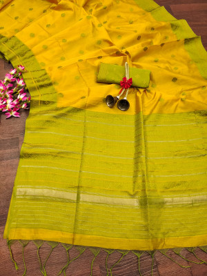 Mustard yellow color soft raw silk saree with weaving work