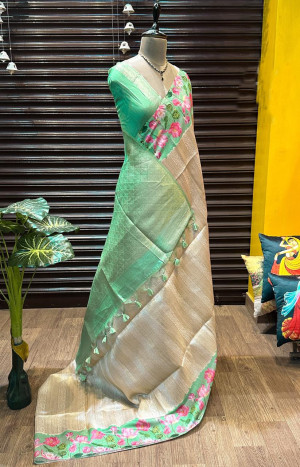 Sea green color soft silk saree with pichwai printed work
