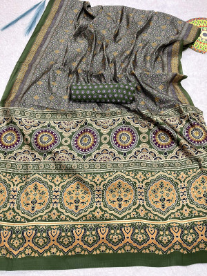 Green color soft silk saree with ajrakh & digital printed work