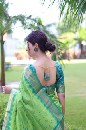 Pista green color tussar silk saree with patola weaving design