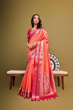 Peach color tussar silk saree with bandhani weaving work