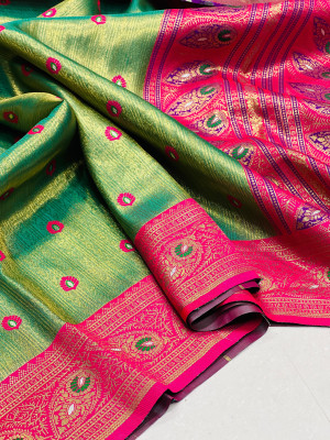 Green color soft tissue paithani silk saree with zari weaving work