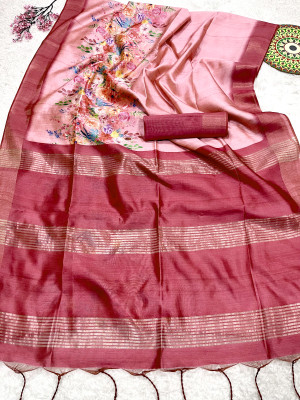 Pink color soft cotton silk saree with floral printed work