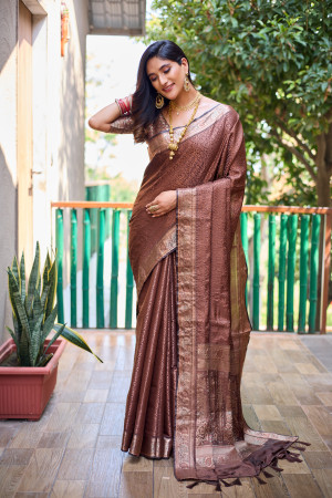 Brown color kanchipuram silk saree with zari weaving work