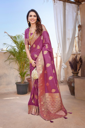 Light magenta color viscose silk saree with zari weaving work