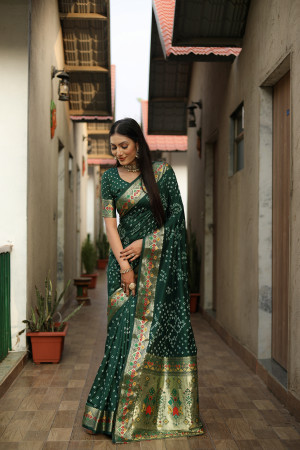 Dark green color hand bandhej silk saree with meenakari weaving work