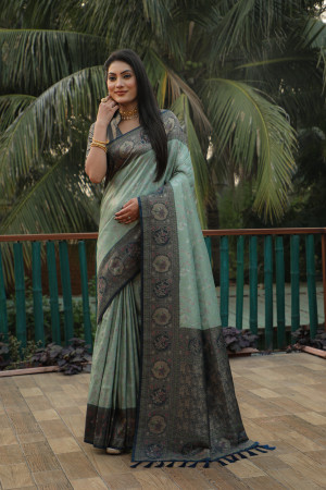Sky blue color kanjivaram silk saree with zari weaving work