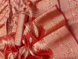 Red color organza silk saree with zari weaving work
