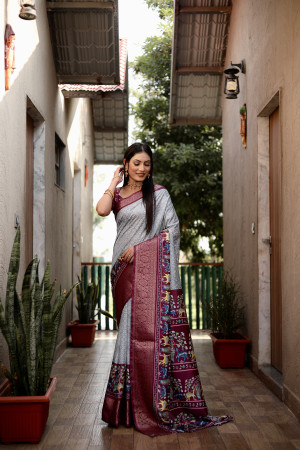 Light gray color dola silk saree with digital printed work
