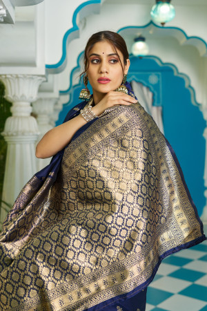 Navy blue color soft silk saree with zari weaving work