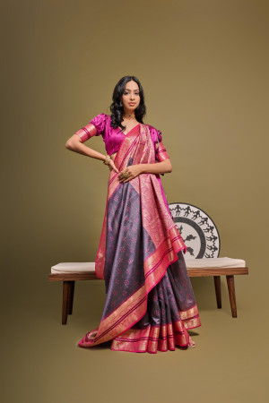 Gray color tussar silk saree with bandhani weaving work