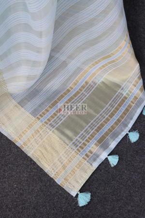 Sky blue color tussar silk saree with zari weaving work