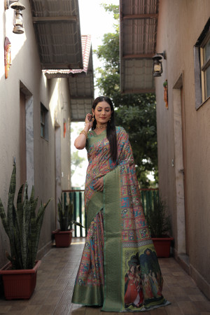Yellow and green color dola silk saree with kalamkari printed work