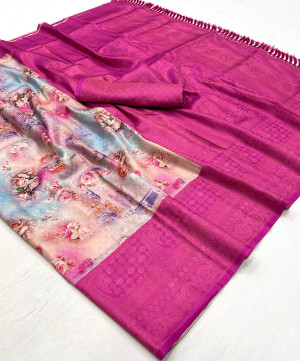 Pink color soft kanjivaram silk saree with digital printed work