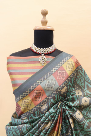 Rama green color cotton silk saree with digital printed work