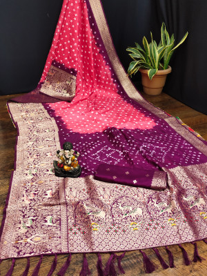 Gajari and magenta color bandhej silk saree with meenakari weaving work