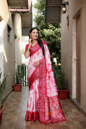 Rani pink color dola silk saree with sibori printed work