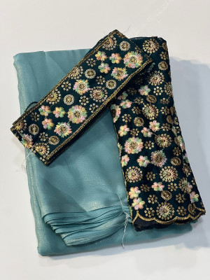 Sky blue color chiffon saree with coding embroidery & sequence work blouse