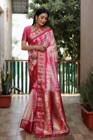 Pink color dola silk saree with zari weaving work