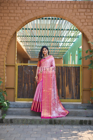 Pink color kanchipuram silk saree with zari weaving work