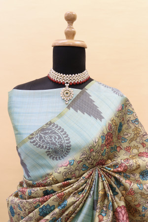 Light yellow cotton silk saree with digital printed work