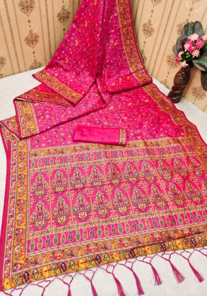 Pink color pashmina silk saree with weaving work