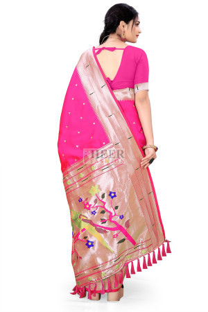 Rani pink color paithani silk saree with zari weaving work