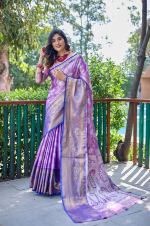 Purple color tissue silk saree with zari weaving work