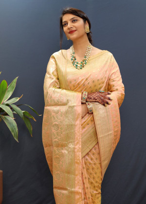 Light peach color banarasi silk saree with zari weaving work