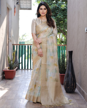 Mahendi green color linen silk saree with zari weaving work