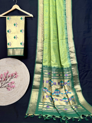 Parrot green color tussar silk saree with bandhani weaving work