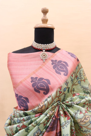 Sea green color cotton silk saree with printed work