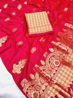 Pink color soft lichi silk saree with zari weaving work