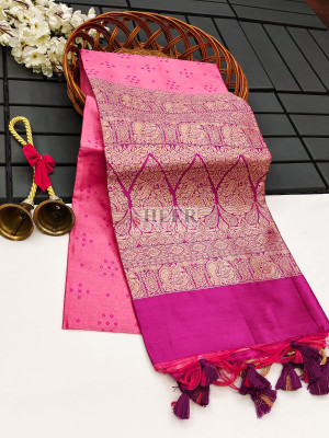 Pink color tussar silk saree with bandhani weaving work