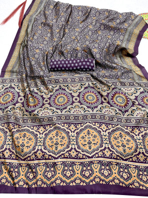 Wine color soft silk saree with ajrakh & digital printed work
