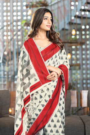 Red color soft handloom cotton saree with woven design
