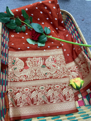 Orange color bandhej silk saree with meenakari weaving work