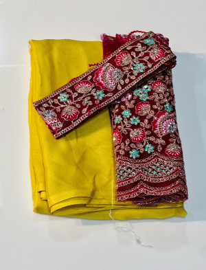 Yellow color coding chiffon saree with embroidery work